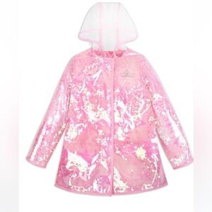 Disney Girls Pink Sequin Hooded Raincoat Jacket Size 7/8 Theme Park Princess